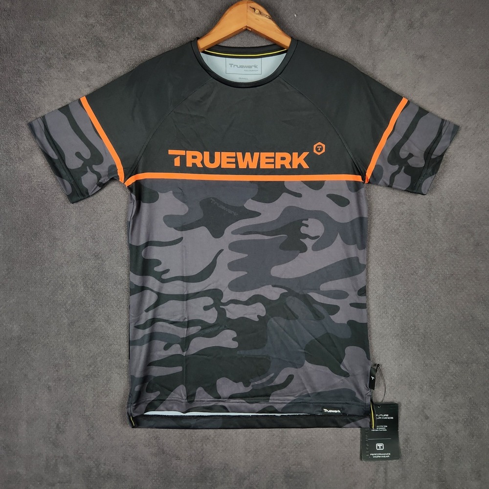 Truewerk T.5 Shirt Men Small Black Gray Camo Orange Short Sleeve Performance NEW